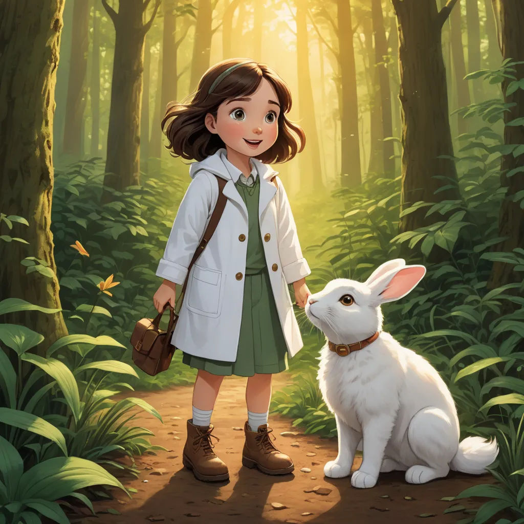 a girl in a white coat and a white rabbit in a forest with sunlight shining through the trees and leaves, magical realism, a storybook illustration, Clarice Beckett, official art