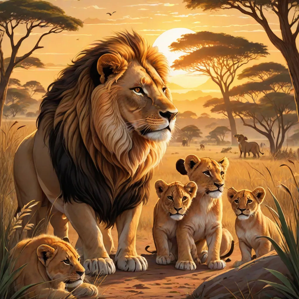 a painting of a lion family in the wild with a sunset in the background and a group of lions in the foreground, furry art, an oil painting, Brothers Hildebrandt, wildlife photography