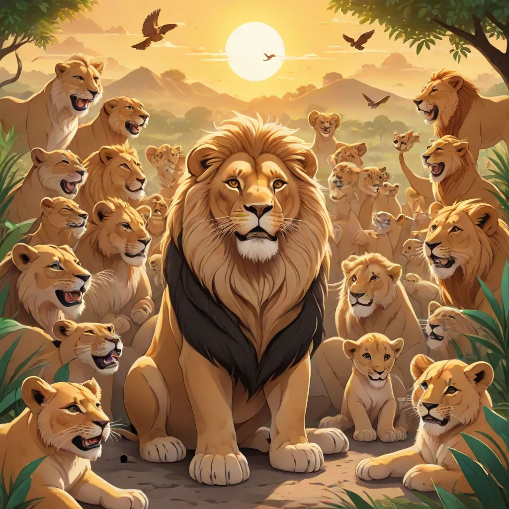a lion surrounded by lions in the jungle at sunset with birds flying overhead and a sun setting behind them, furry art, an album cover, Chris LaBrooy, official art