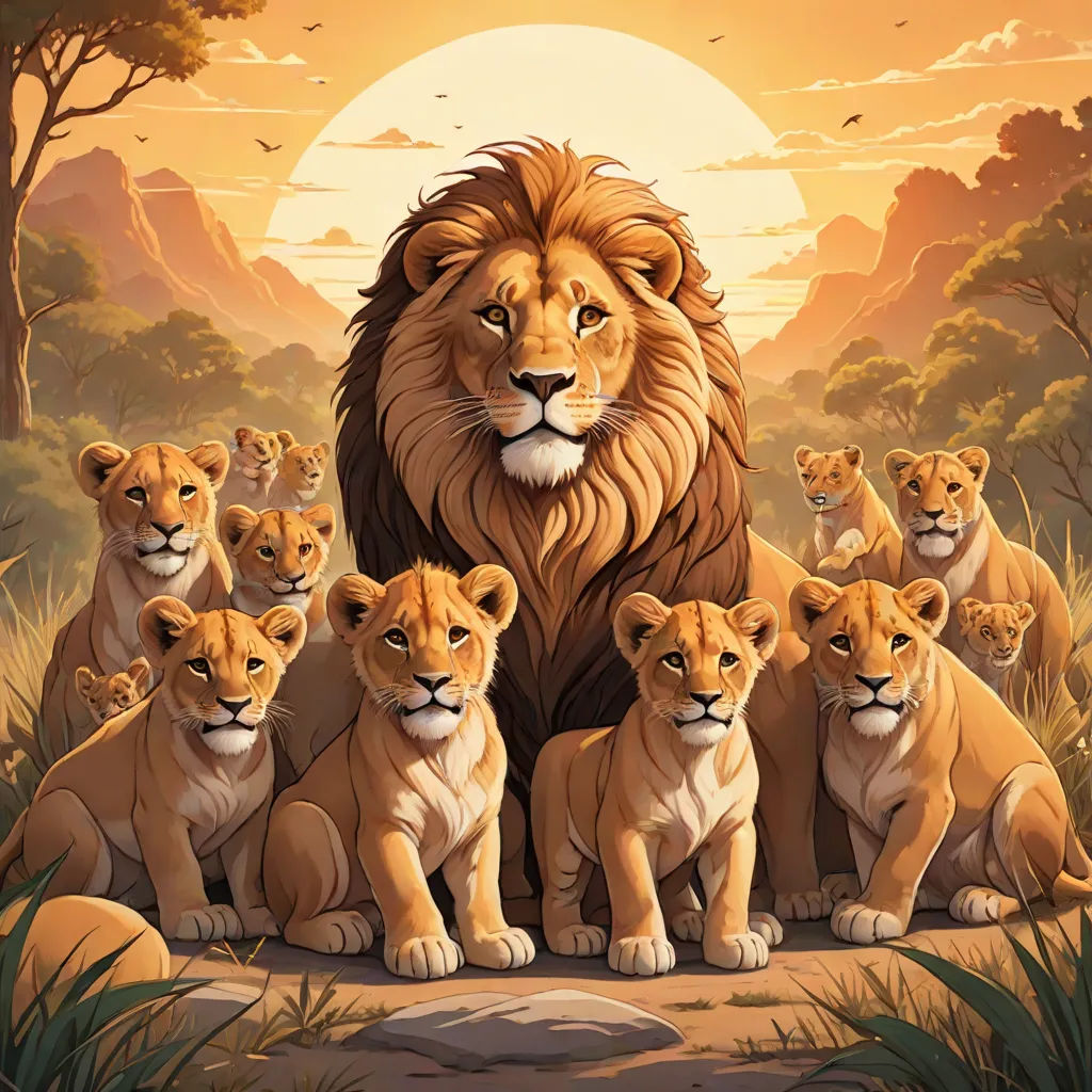 a lion family with a lion cub in the middle of the picture, with the sun in the background, furry art, a poster, Chris LaBrooy, poster