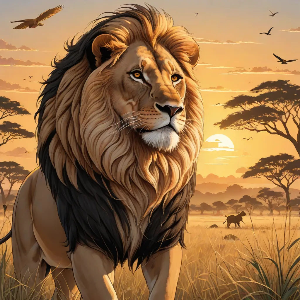 a lion standing in a field with birds flying around it and a sunset in the background with a bird flying over it, fantasy art, a digital painting, Chris LaBrooy, majestic