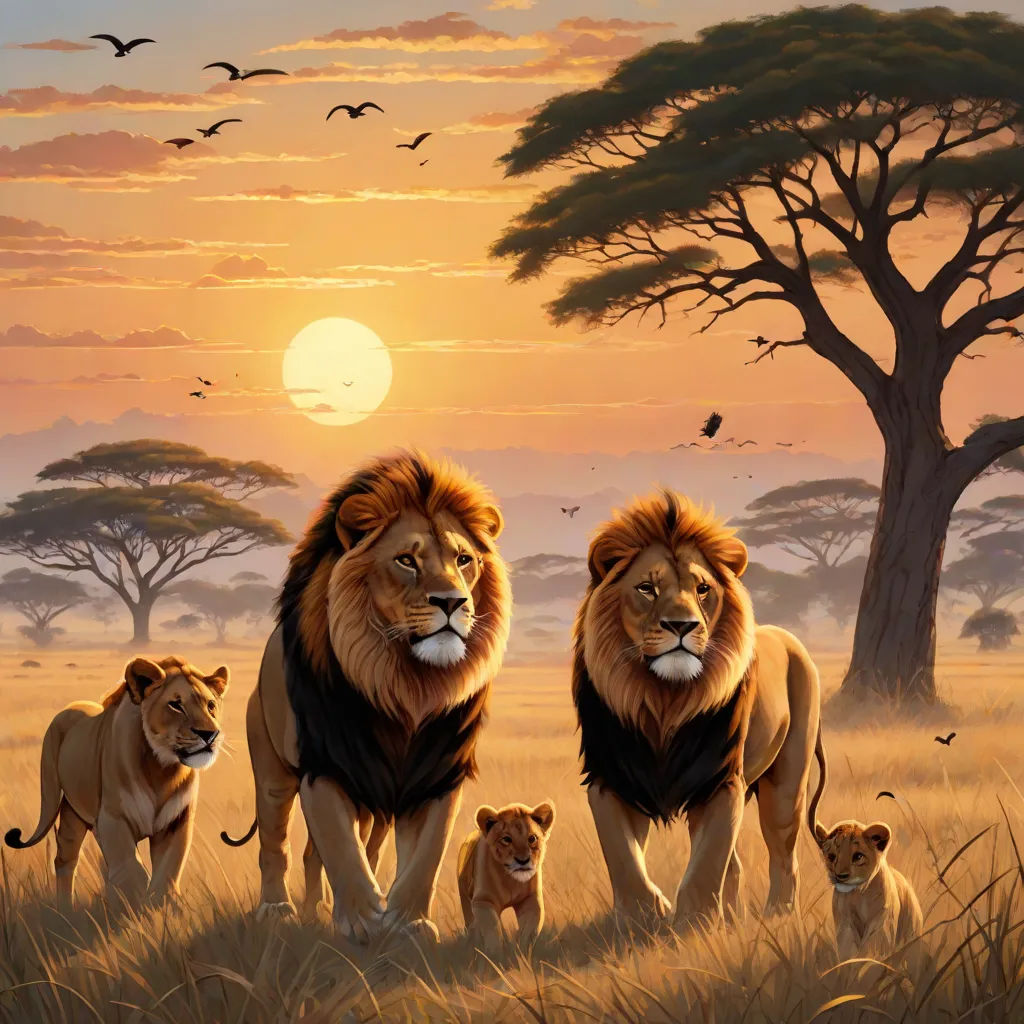 a painting of lions and their cubs in a field at sunset with a tree in the background and birds flying overhead, fantastic realism, an oil painting, Brothers Hildebrandt, wildlife photography