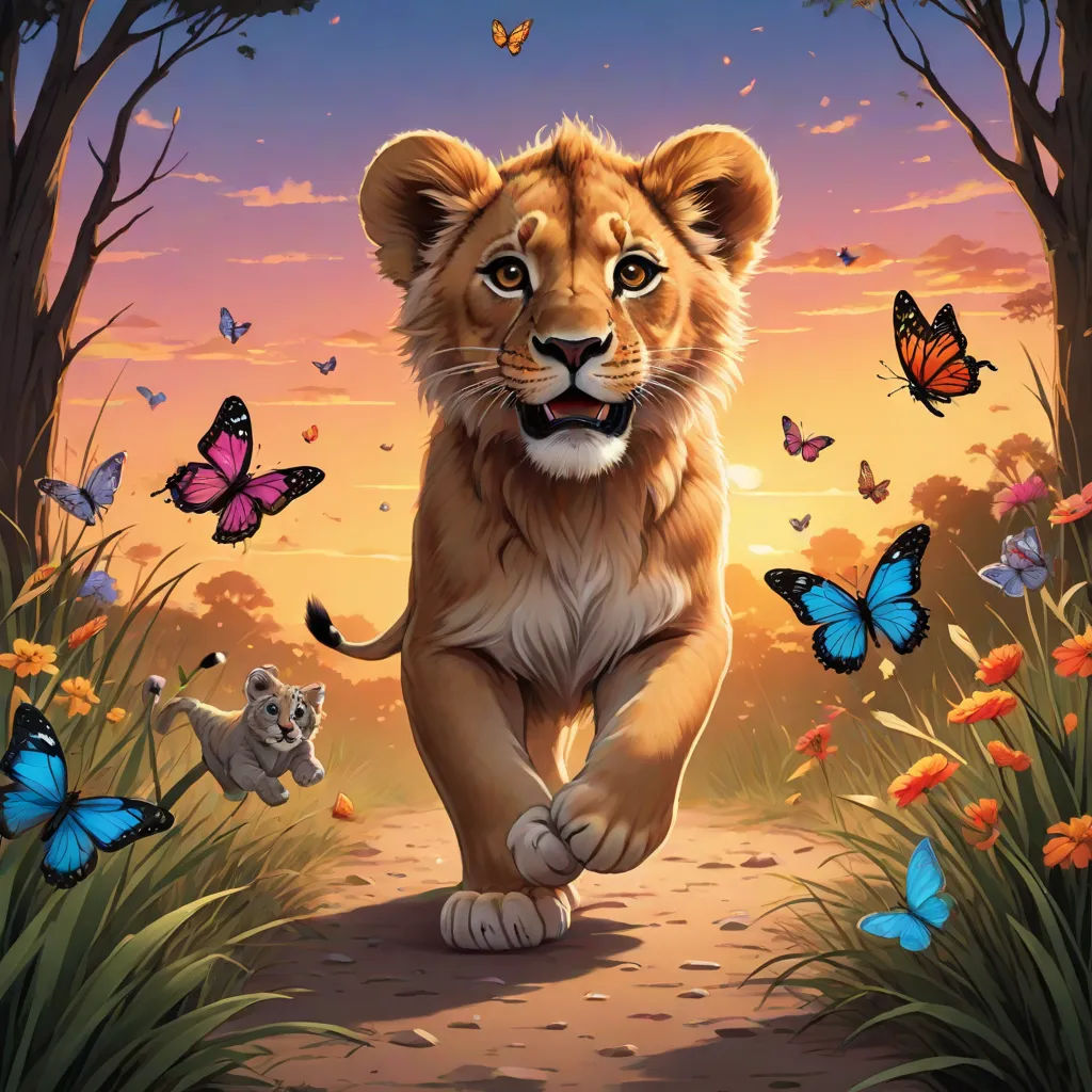 a lion and a mouse are running through a forest with butterflies and butterflies around them, and a sunset in the background, fantasy art, a storybook illustration, Chris LaBrooy, official art