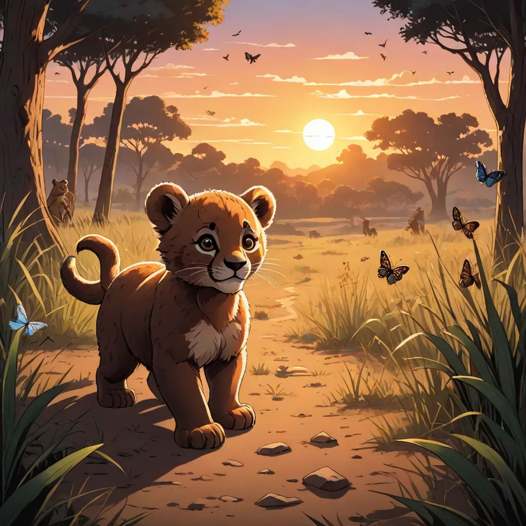 a lion cub walking through a forest at sunset with butterflies flying around it and a butterfly flying above it, fantasy art, an album cover, Chris LaBrooy, official art