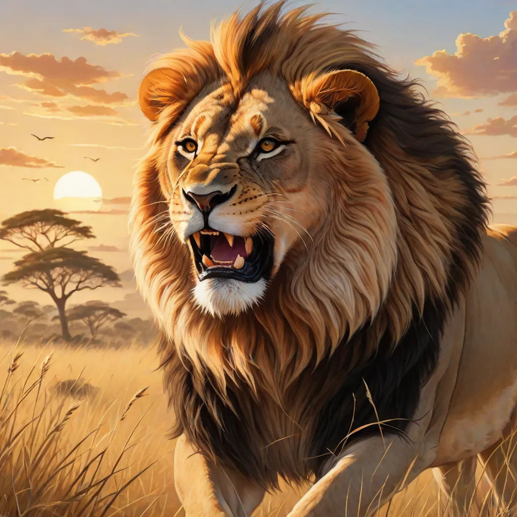 a lion is walking through a field with a sunset in the background and birds flying overhead in the sky, fantasy art, a digital painting, Alex Horley-Orlandelli, highly detailed digital painting
