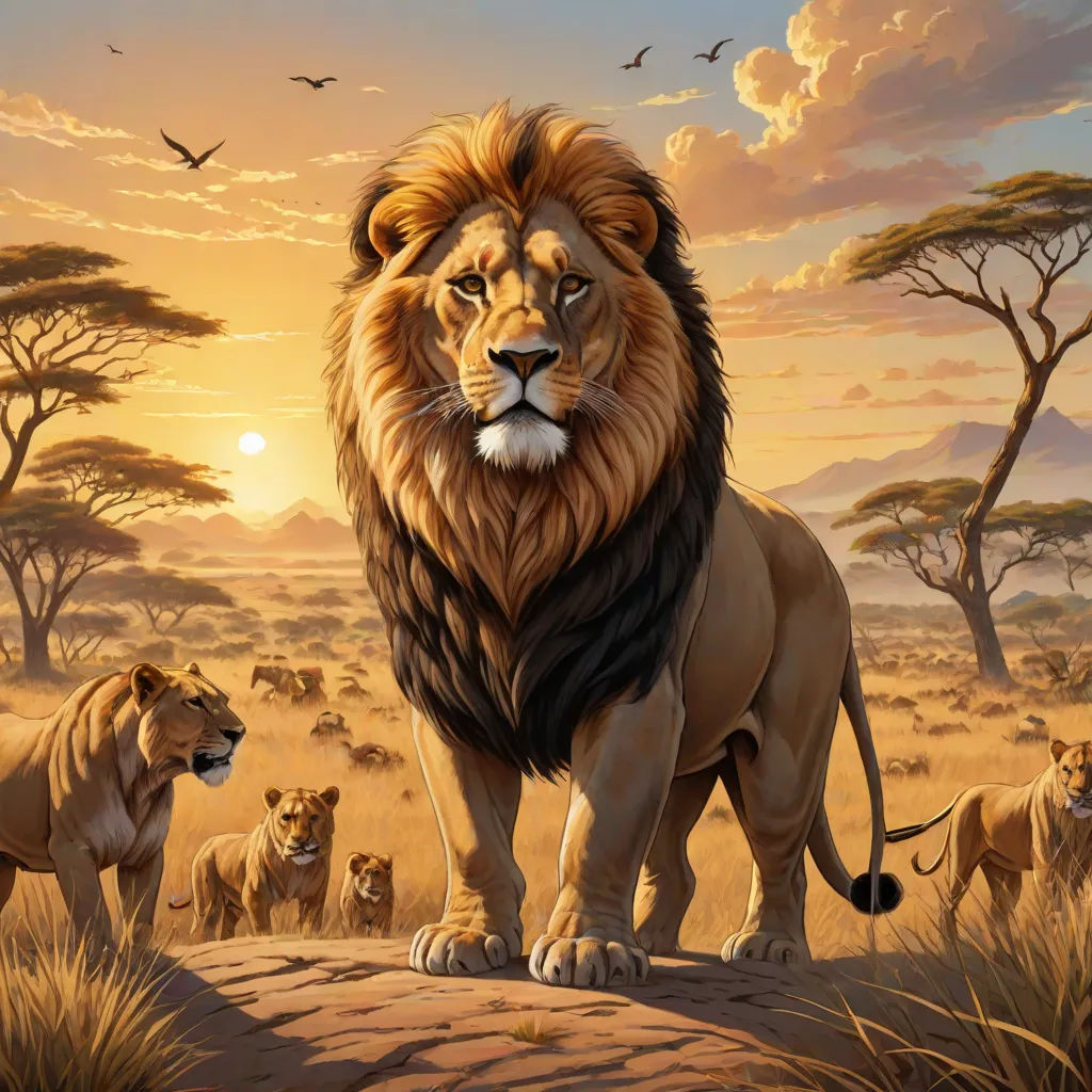 a painting of a lion and his cubs in the wild at sunset with a bird flying overhead and a bird in the background, fantastic realism, an airbrush painting, Chris LaBrooy, highly detailed digital painting
