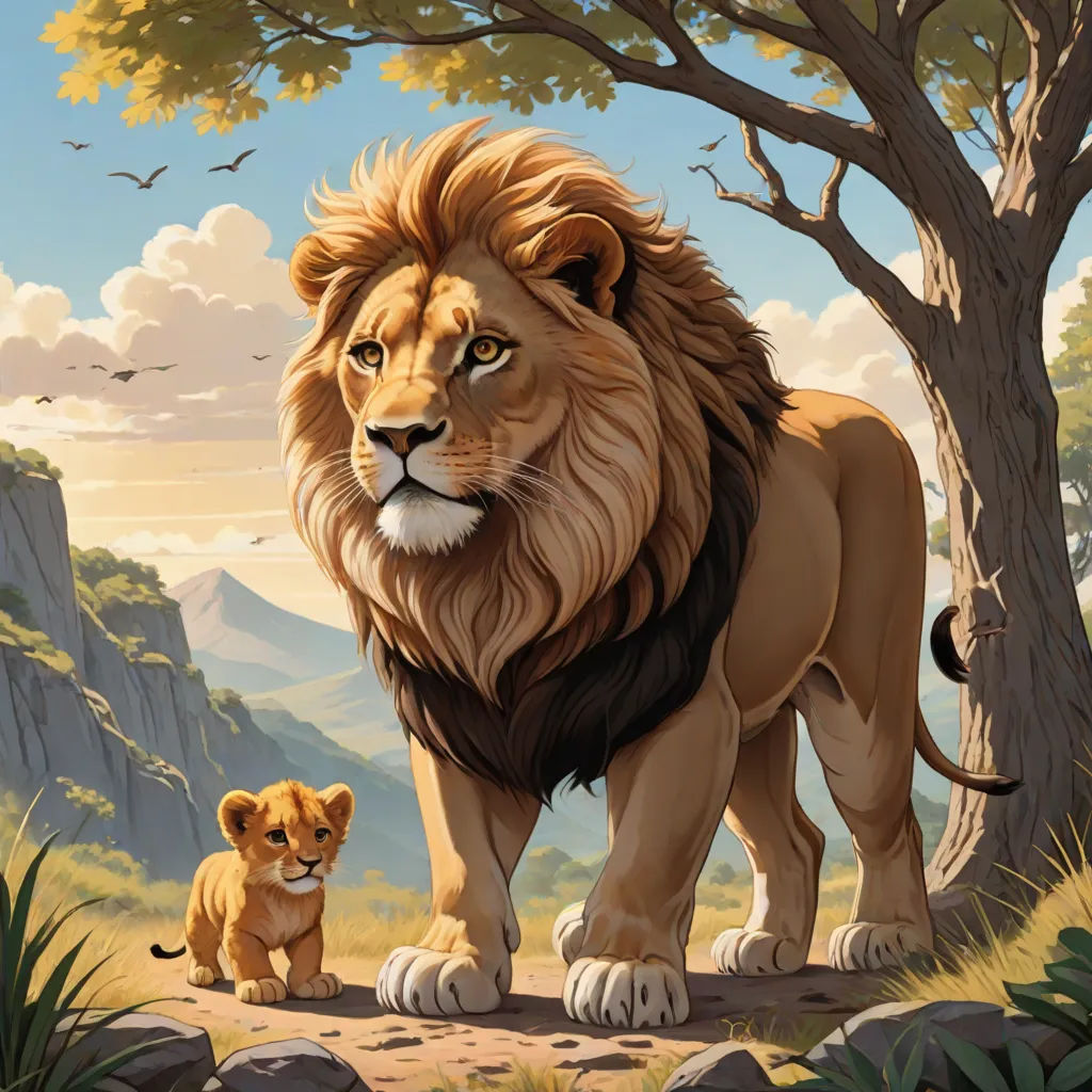 a lion and a cub standing in a forest by a tree with mountains in the background and a bird flying overhead, fantasy art, an oil painting, Brothers Hildebrandt, official art