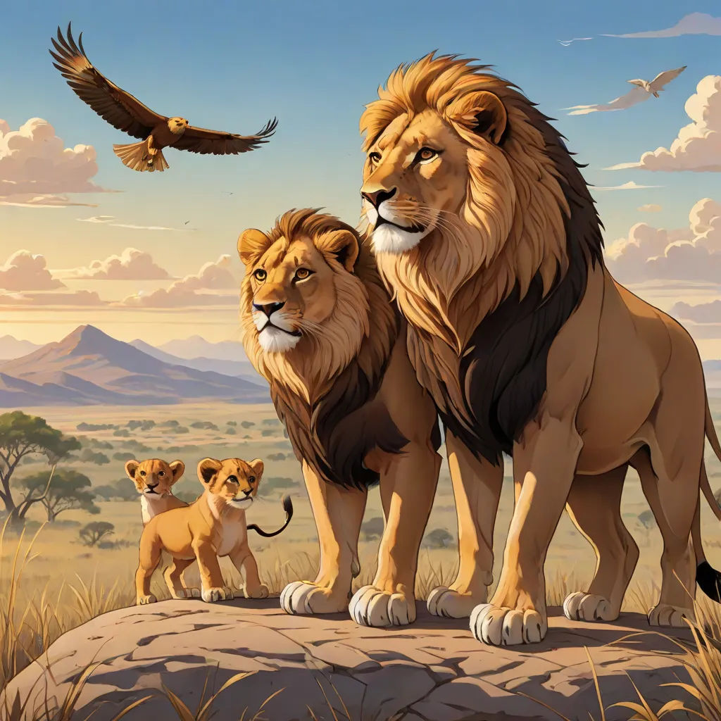 a lion and two lions standing on a rock in the middle of a field with a bird flying above, lyco art, an airbrush painting, Brothers Hildebrandt, wildlife photography