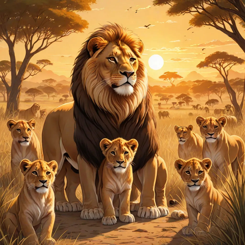 a painting of lions in a field with trees in the background and a sun setting behind them, with a lion family in the foreground, furry art, an oil painting, Chris LaBrooy, official art