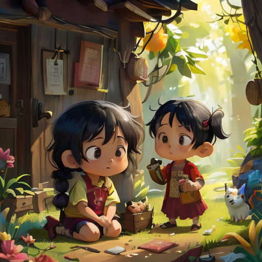 two children are sitting in the grass near a house and a cat in the woods, with a cat looking at a girl