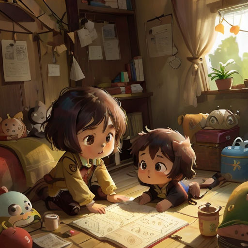 two children are sitting on the floor in a room with toys and books on the floor and a window