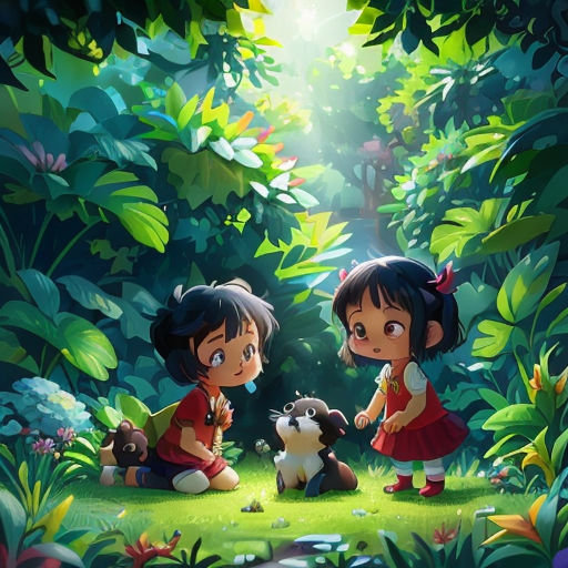 two little girls are playing in the woods with a dog and a cat in front of them, with a light shining through the trees