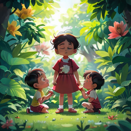 three children are playing in the woods together, with a little girl holding the hands of a boy and a boy