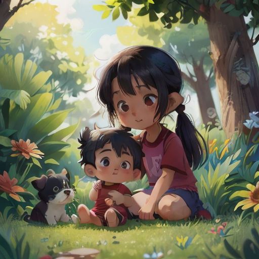 a little girl sitting next to a little boy in the grass with a dog on his lap and a cat on the ground