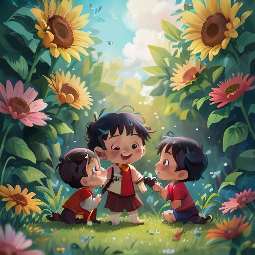 two children are standing in the grass near a sunflowers and a forest with sunflowers in the background