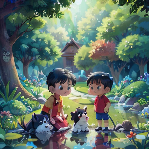 two children are standing in the woods with their dogs and a pond of water in front of them, with a pagoda in the background