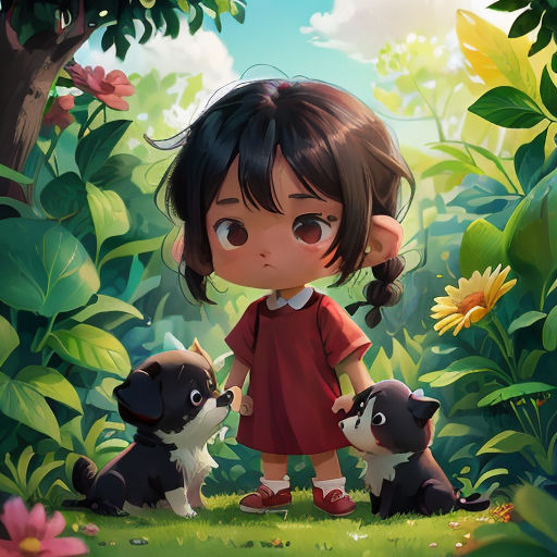 a little girl standing next to two dogs in a forest with flowers and trees in the background, with a sunflower in the foreground