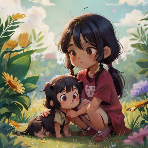 a girl and a girl hugging in a field of flowers with a dog in front of them and a sky background