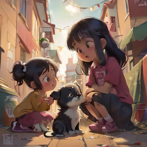 two little girls sitting on the ground with a dog and a cat in front of them, looking at a string of lights
