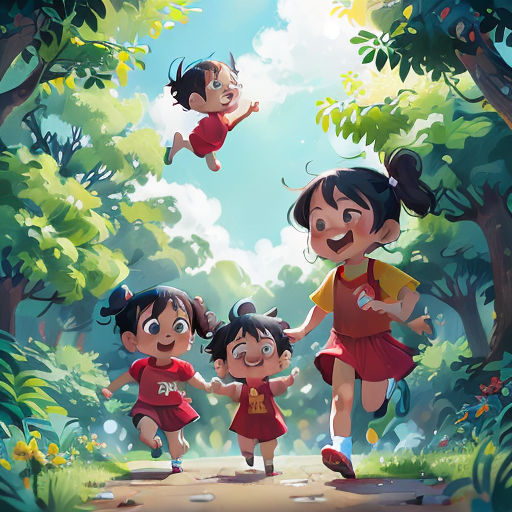 a group of children running through a forest together with a sky background and trees in the background, with a cartoon character above
