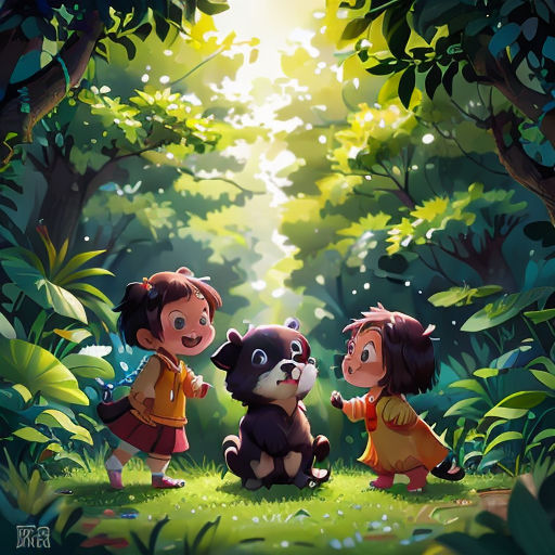 three children are standing in the woods with a dog and a bear on the grass and trees behind them