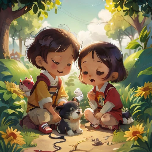 two children are sitting on the ground with a dog and a cat in front of them, and a sunflower in the background
