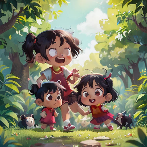 a group of children playing in the woods with a panda bear and other animals in the background, with a cartoon style of a girl and a boy