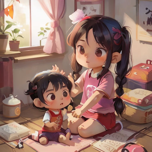 a little girl sitting on the floor next to a little girl with a doll in her lap and a book on the floor
