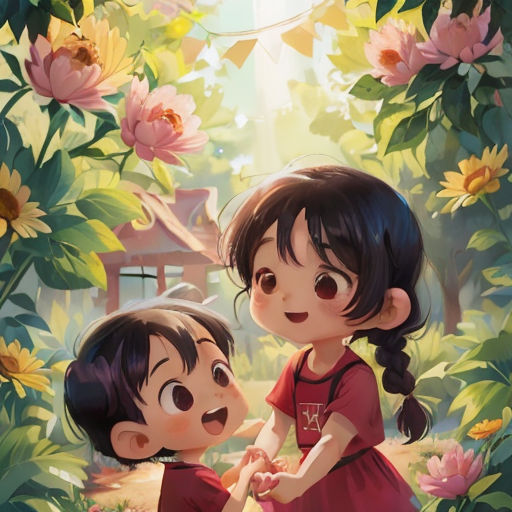 two children are standing in front of flowers and trees, one is holding the hand of the other's hand