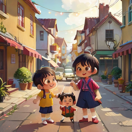 a couple of kids standing next to each other on a street with buildings in the background and a car parked on the side of the road