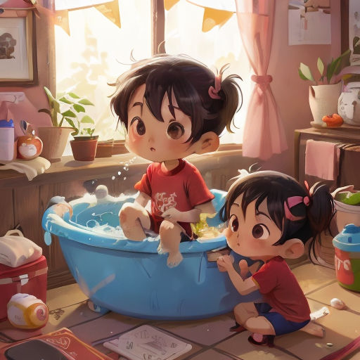 two children playing in a bathtub with toys and water in it, in a room with a window