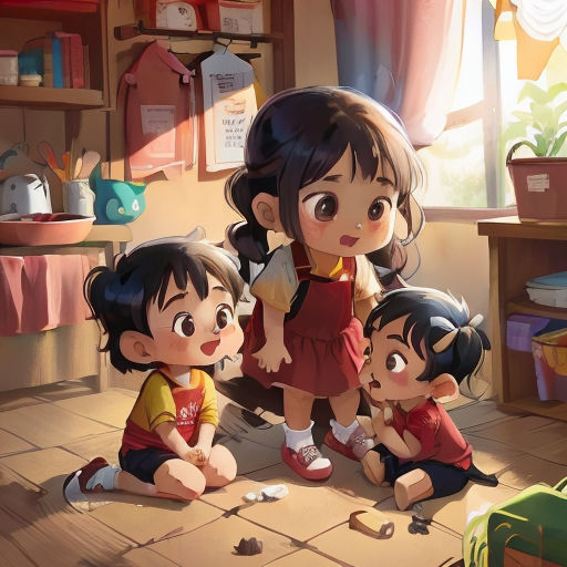a group of children sitting on the floor in a room with a window and a table with a potted plant