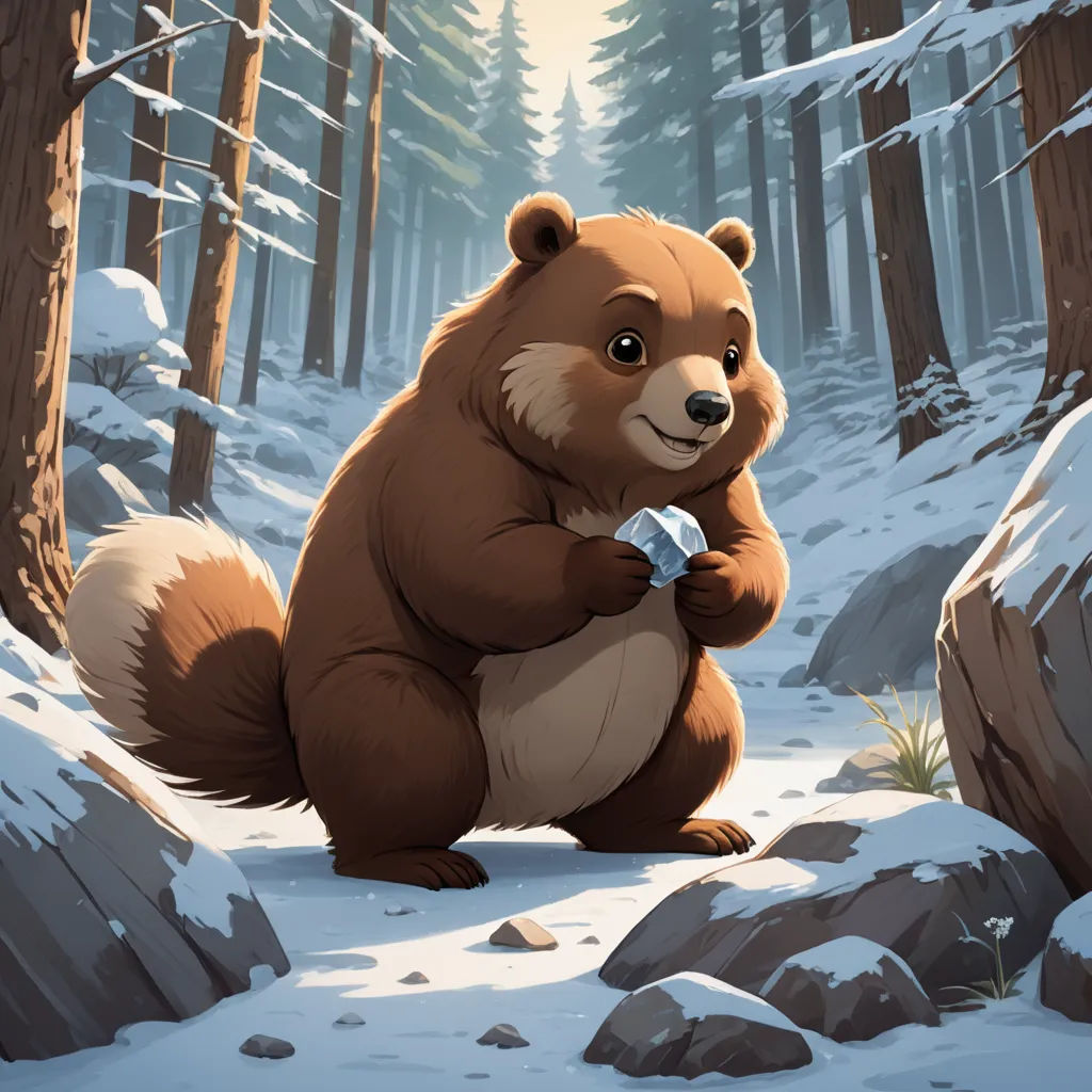a brown bear standing on its hind legs in a snowy forest with rocks and trees in the background and a flashlight in its hand, furry art, a storybook illustration, Chris LaBrooy, official art