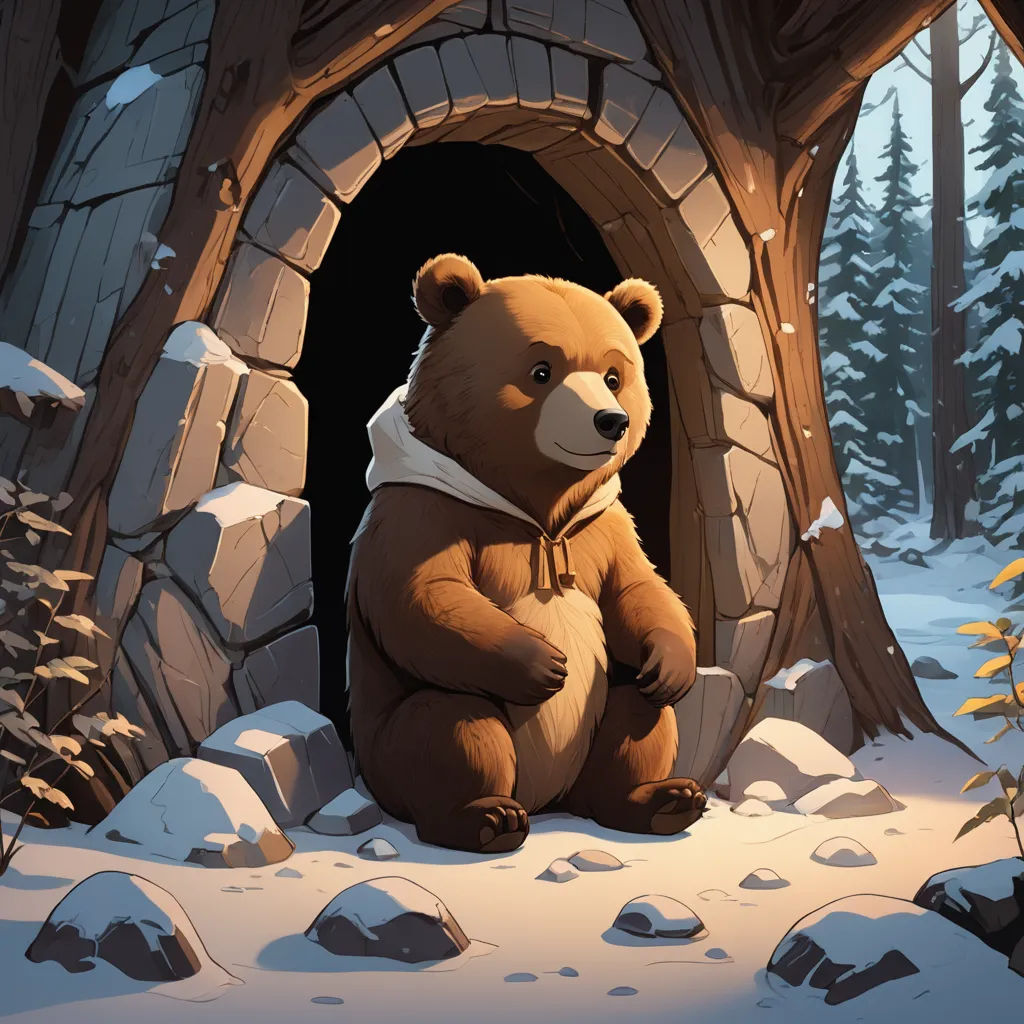 a brown bear sitting in a cave in the snow with a sunflower in the foreground and a pine tree in the background, fantasy art, a storybook illustration, Andreas Rocha, official art