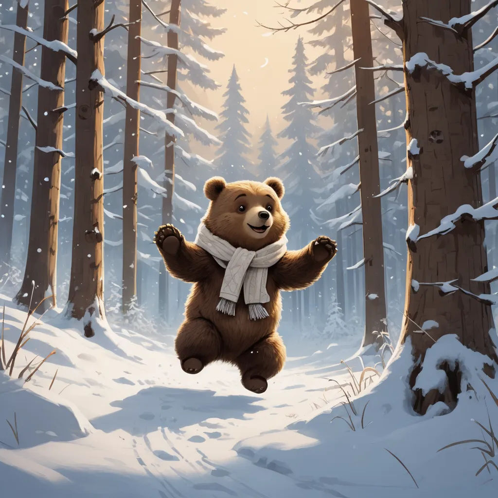 a bear is in the middle of a snowy forest with trees and snow on the ground and a scarf around its neck, furry art, a storybook illustration, Chris LaBrooy, official art
