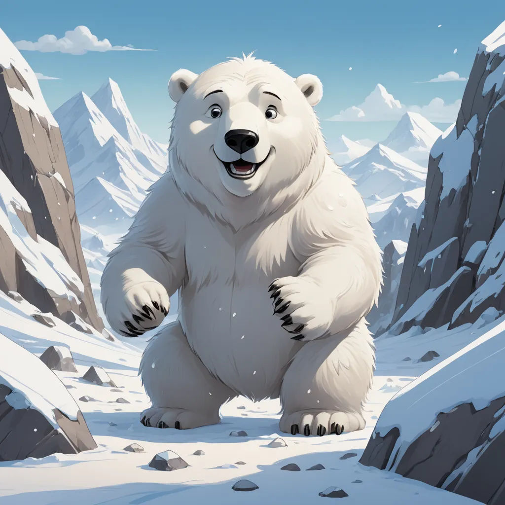 a cartoon polar bear standing on a snowy mountain side with mountains in the background and a sky background with clouds, furry art, an ambient occlusion render, Chris LaBrooy, official art