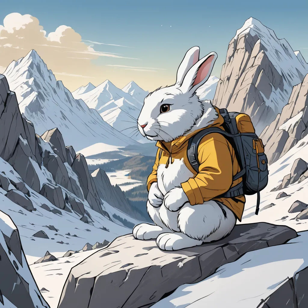 a white rabbit sitting on top of a mountain with a backpack on it's back and a mountain range in the background, furry art, a storybook illustration, Chris LaBrooy, josan gonzales and dan mumford
