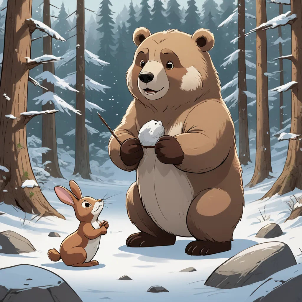 a bear and a rabbit are in the snow together, one is holding a ball and the other is holding a stick, furry art, a storybook illustration, Chris LaBrooy, storybook illustration