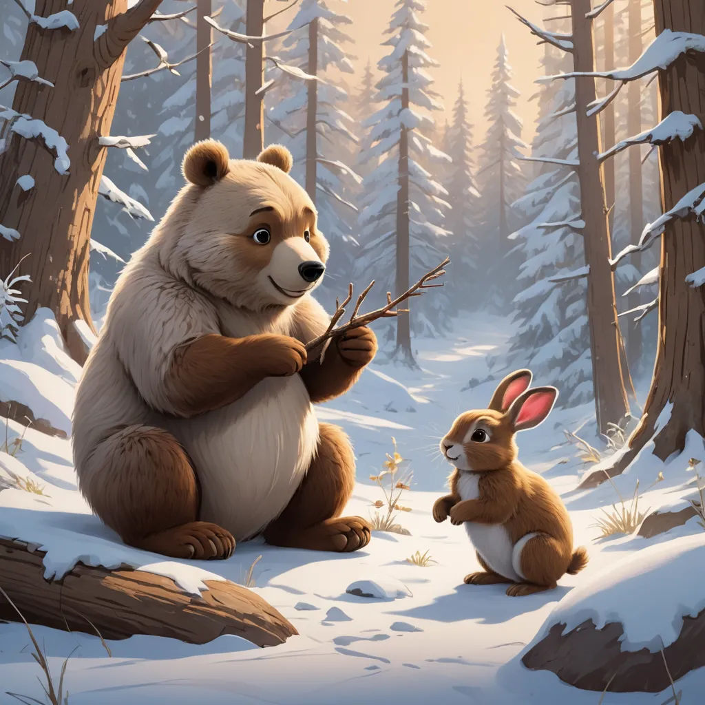 a bear and a rabbit are in the snow in a forest with trees and snow covered ground, one of the bears is holding a branch, furry art, a storybook illustration, Chris LaBrooy, official art
