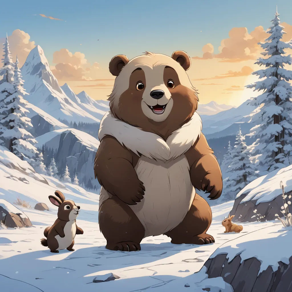 a bear and a rabbit are standing in the snow together, with a mountain in the background and a sky with clouds, furry art, concept art, Chris LaBrooy, official art