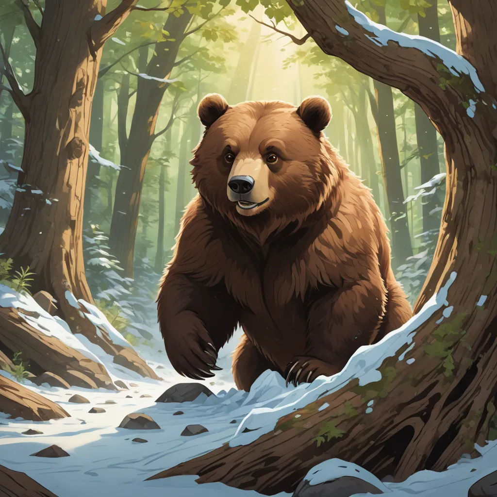 a bear is walking through a snowy forest with trees and rocks on the ground and a sunbeam in the background, furry art, a storybook illustration, Dan Mumford, official art