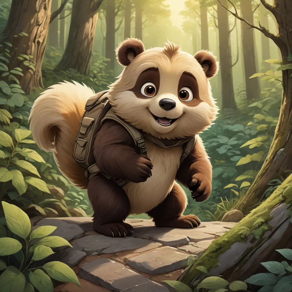 a cartoon panda bear with a backpack in the woods with a path leading to it and a forest background, sots art, a character portrait, Chris LaBrooy, official art