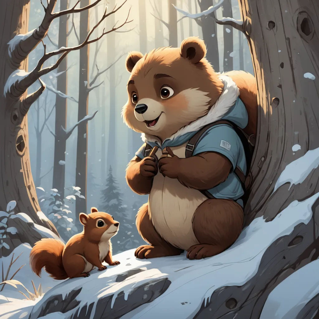 a bear and a squirrel are sitting in the snow in a forest with trees and snow covered ground, and one is looking at the camera, furry art, a storybook illustration, Chris LaBrooy, official art