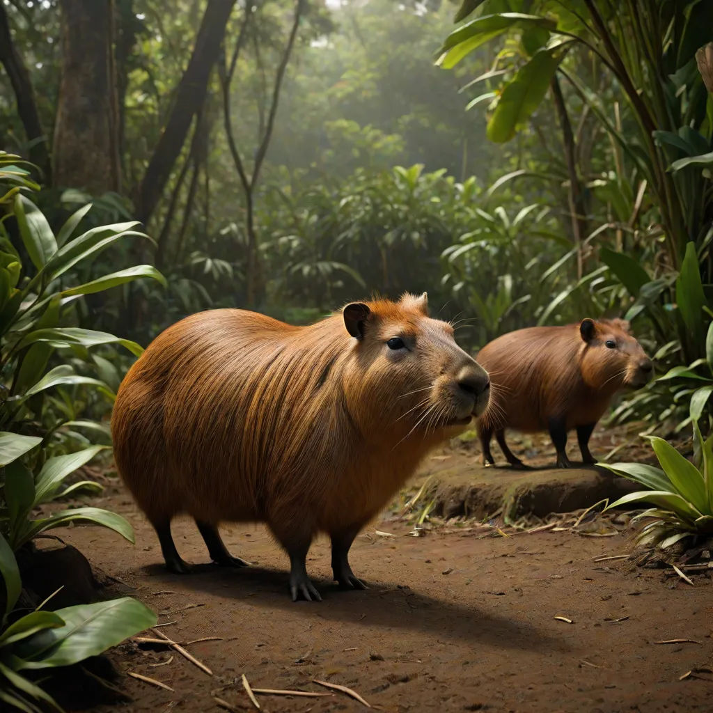 a couple of animals that are standing in the dirt near some plants and trees and bushes and trees and bushes, Chris LaBrooy, photorealism, a detailed matte painting, adobe photoshop