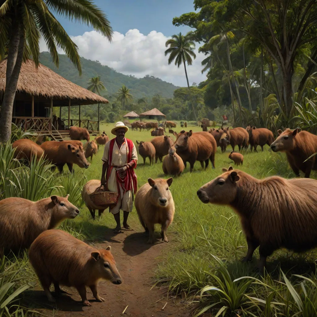 a man standing in a field with a herd of animals behind him and a hut in the background with palm trees, Chris LaBrooy, sumatraism, a detailed matte painting, weta digital
