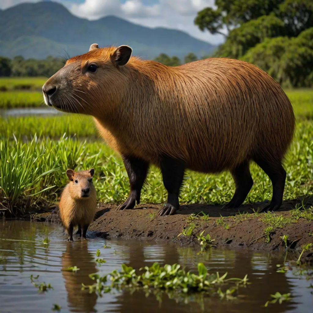 a capybara and a baby capybara are standing in the water near the shore of a marsh, Bascove, massurrealism, computer graphics, animal photography