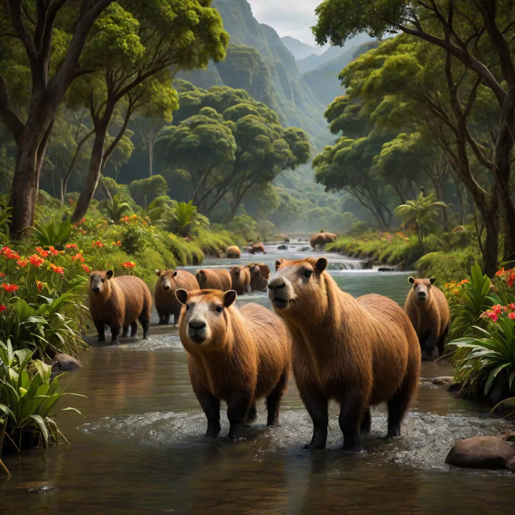 a herd of sheep walking across a river surrounded by trees and flowers in a forest area with a waterfall, Chris LaBrooy, massurrealism, a detailed matte painting, 8 k concept art