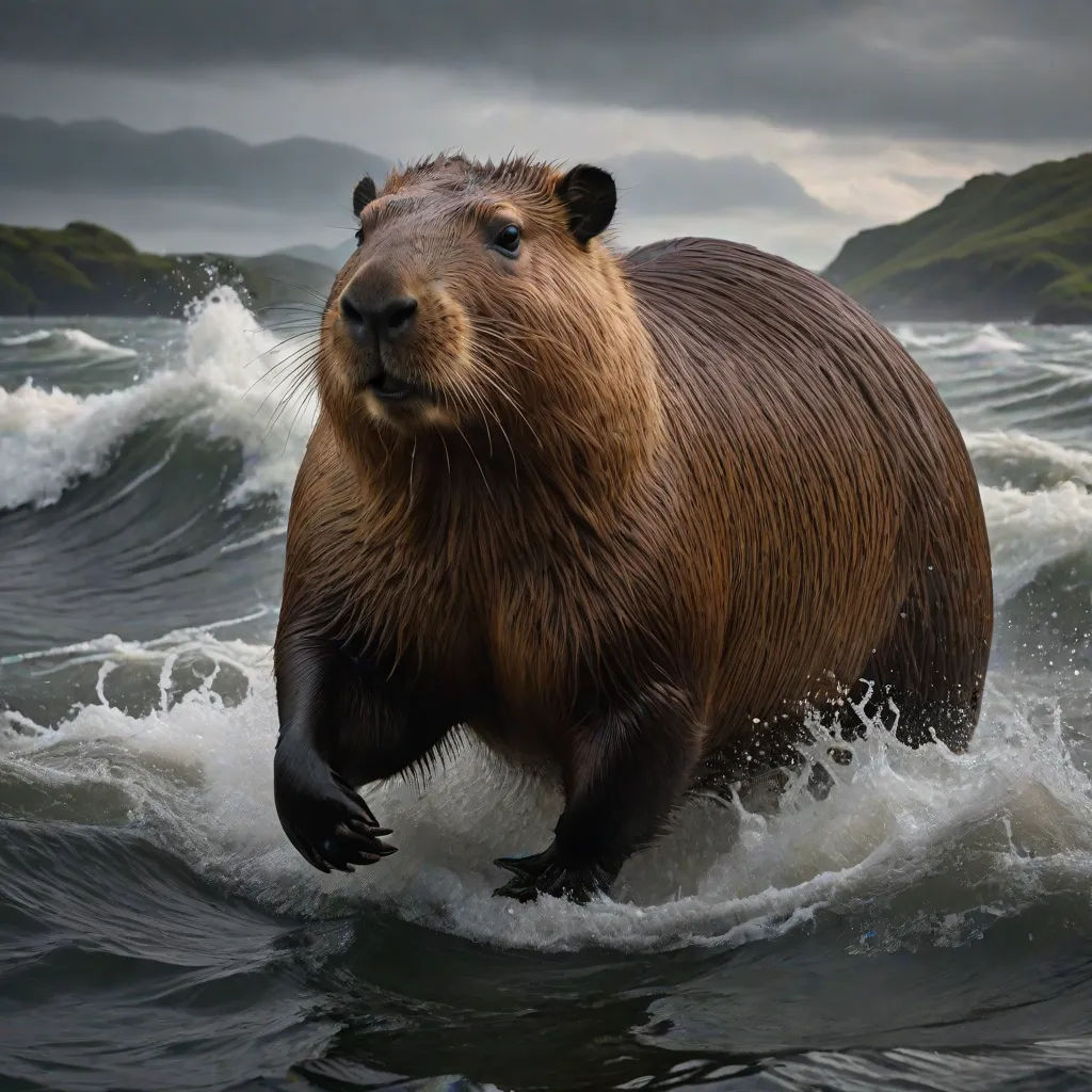 a brown bear is walking through the water on a cloudy day in the ocean with mountains in the background, Chris LaBrooy, photorealism, a detailed matte painting, photoreal