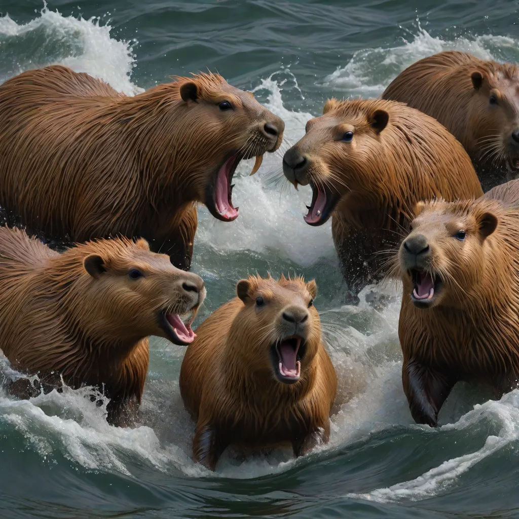 a group of brown bears in the water with their mouths open and their mouths wide open and their mouths wide open, Chris LaBrooy, rayonism, a renaissance painting, wildlife photography