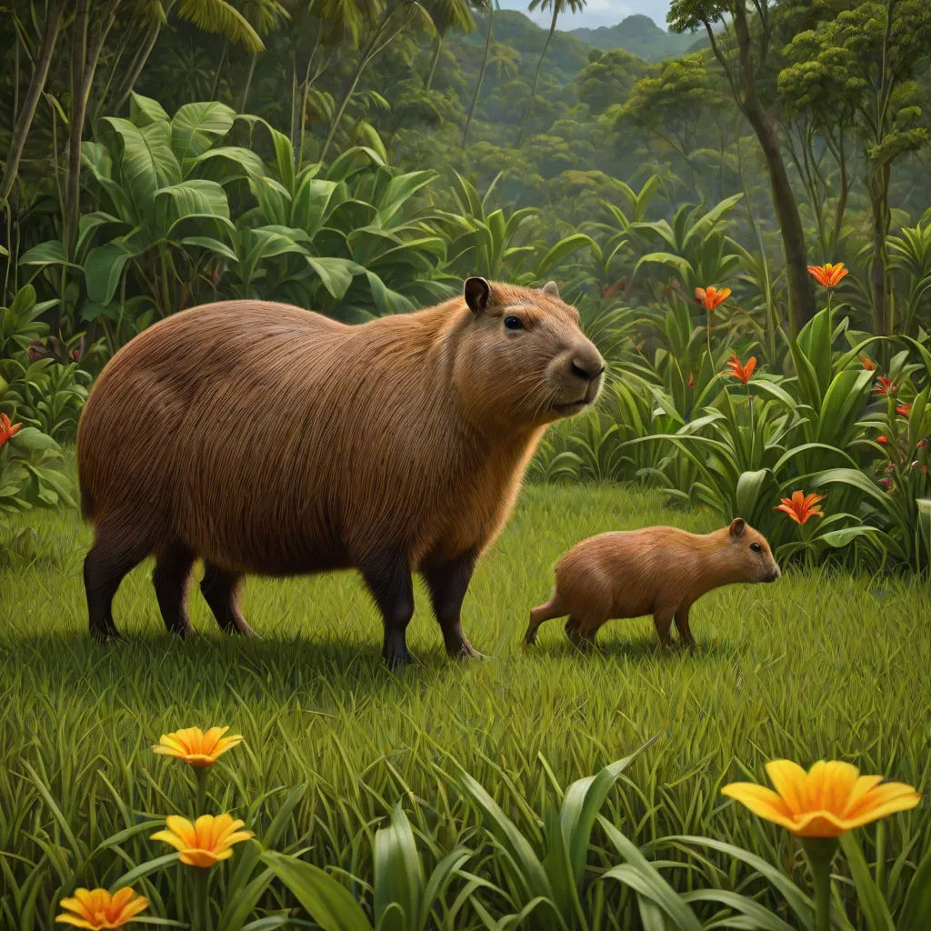 a mother capybara and her baby in a tropical setting with flowers and trees in the background and a bird in the foreground, Chris LaBrooy, primitivism, an illustration of, official art